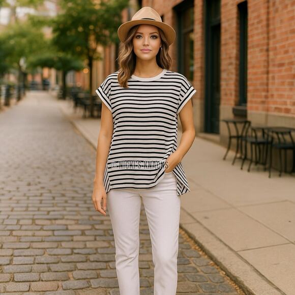 Spool No 72 Black White Illusion Stripe Peplum Cap Sleeve T-Shirt Top Size M - Picture 1 of 7